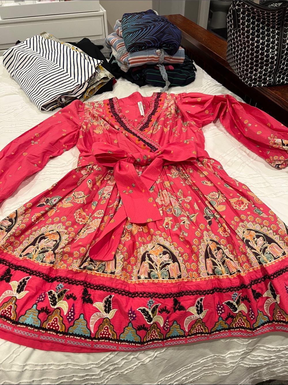 Anthropologie Hot Pink Floral Boho Wrap Dress with Sash